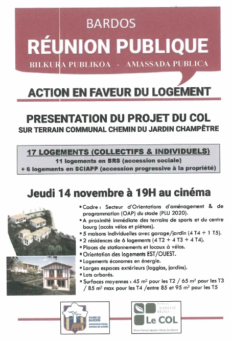 Bardos réunion publique - Action en faveur du logement - Présentation du rpojet du COL